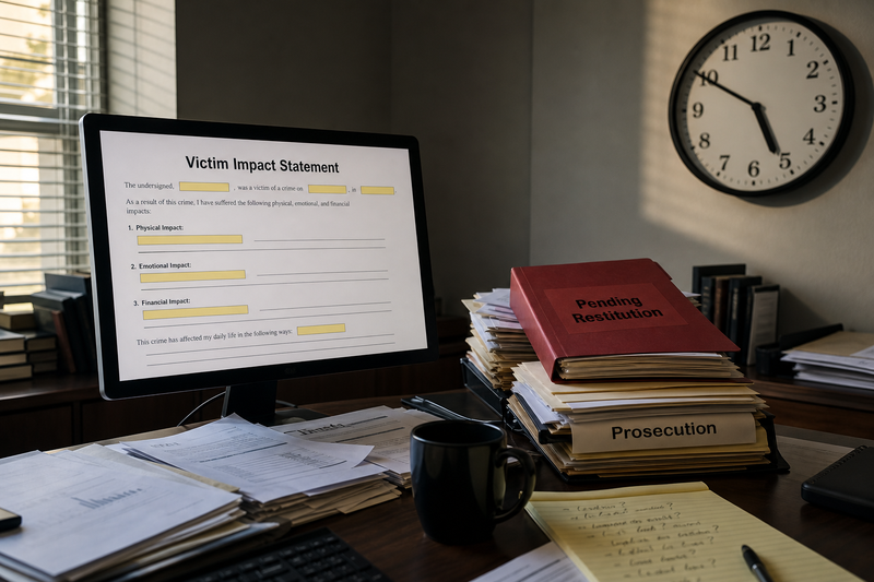 Unfilled victim impact statement on a computer screen beside case files labeled Prosecution and Pending Restitution